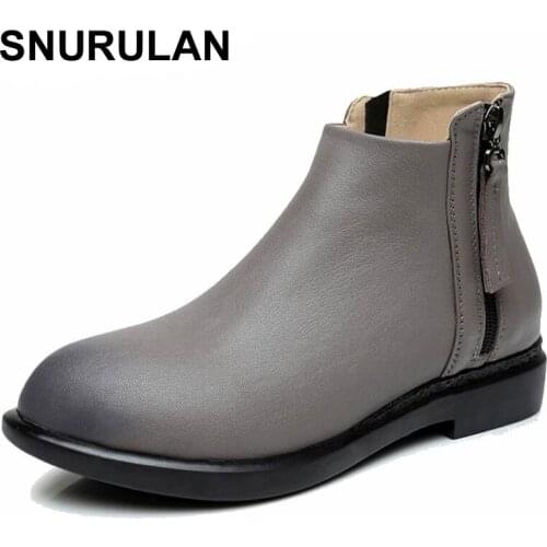 SNURULAN New 2018 Fashion Autumn Winter Boots Women Classic Zip Ankle Boots Warm Plush Genuine Leather Martin Boots Women Shoes