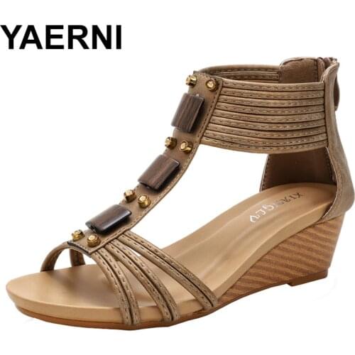YAERNI vintage style Wedge sandals for women 2021 rhinestone Bohemia ethnic style Roman shoes mom shoes beaded shoe