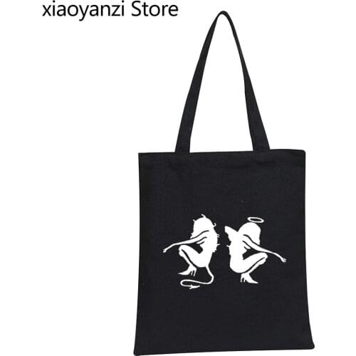 Angel and devil Women Fashion Sayings Print Eco Reusable Girls Fashion Handbag Casual shoulder bags Graphic grunge Shopper Bag