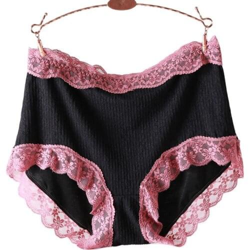 Plus Size Pantie Women Cotton Briefs Sexy Pleated Jacquard Lace Splicing Mesh Briefs High Waist Female High elasticity Underwear