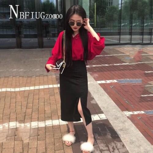 2020 Autumn Temperament Long Sleeve Blouse And Slit Skirt Women Sets