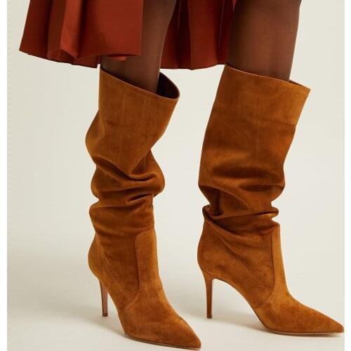 Mid Tude Boots Female Women Shoes Pure Color Suede Thin Heels Knee High Boots Pointed Toe Fashion Chelsea Boot Botas De Mujer