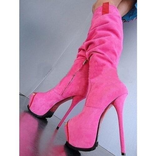 Suede Leather Blue Pink Jeans Knee High Boots Women Peep Toe 16cm Platform Heeled Sandals Boots Size 34-42