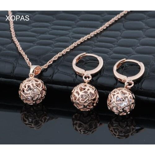 XOPAS Hot Hollow Small Ball Set Fashion 585 Rose Gold Color Jewelry Set Necklaces Earrings Women Party Gift