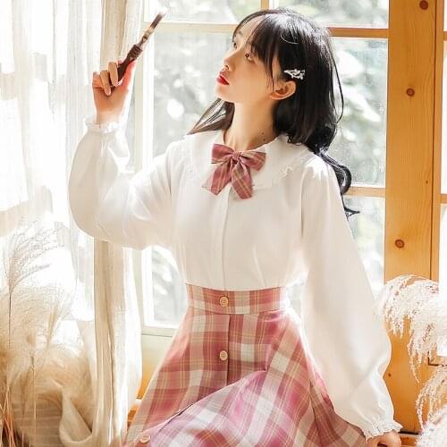 Small Fresh Two Piece Set Women Preppy Style Suit 2021 Spring Retro Sweet Wild Doll Collar Top+Retro Check Skirt Sets No Bow Tie