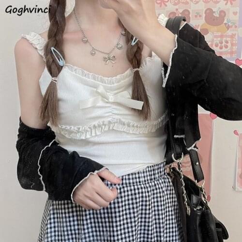 Sweet Fungus White Camis Women Bow Lovely Girls Slim Crop Tops Sleeveless Pleated Camisole Ulzzang Sexy Streetwear Leisure Chic