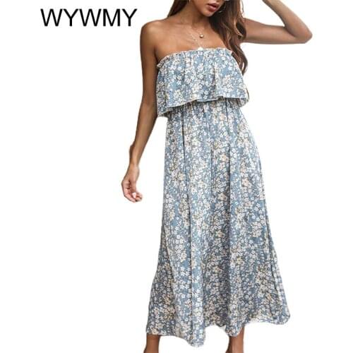 Women Fashion Casual Bandeau Holiday Style Printed Long Dress For Women 2021 New Spring Summer Strapless Ruffled Floral Dresses