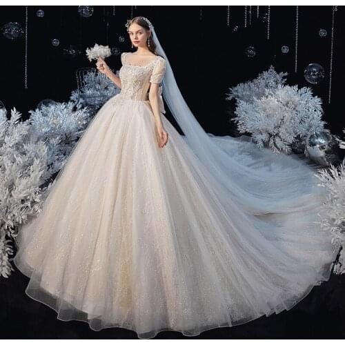 Robe De Mariage Princess Wedding Dress Sequins Vestido De Novia Short Sleeve Luxury Big Bow Star Yarn Ball Gown Wedding Dresses