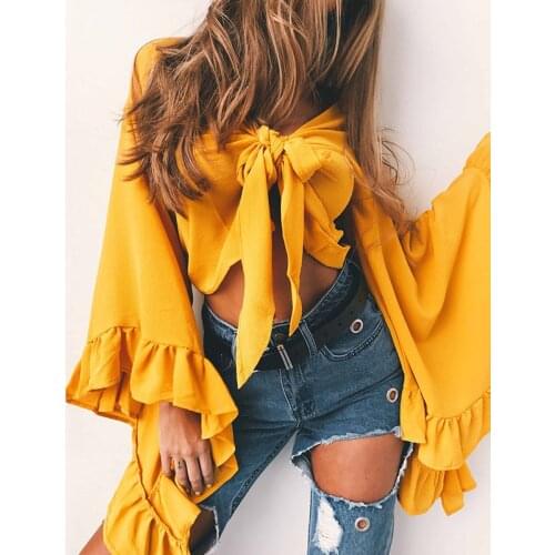 Petal Sleeve Short Sexy Women Blouses Fashion V-Neck Slim Long Sleeve Knot Blouse Women Shirts Solid Casual Women Tops