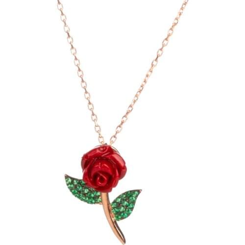 925 Sterling Silver Red Rose Necklace with Green Leaves Rose Pendant Necklace Silver Womens Chain Necklace Flower Necklace