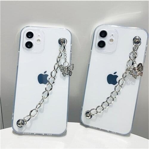 Clear Keychain Butterfly Chain Bracelet Case For iPhone 11 Pro Max 12 Mini Pro Max 7 8 Plus X XR XS Max Shockproof Back Cover