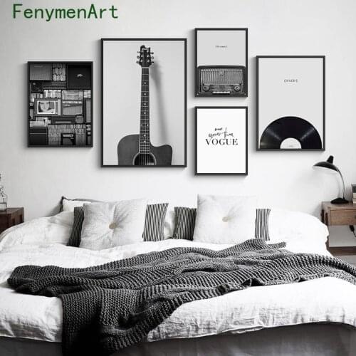 Black White Retro Guitar Record Canvas Painting Nordic Minimalist Music Poster Print Modern Pictures Music Living Room Decor