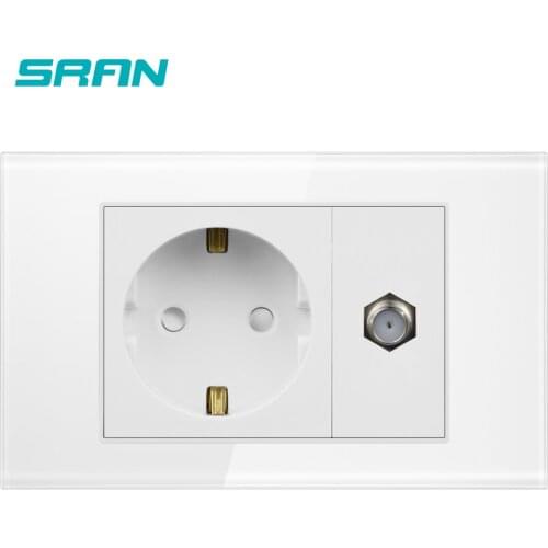 SRAN EU socket with satv socket sensor,with white pearl crystal glass panel 118mm*72mm satellite TV interface with power socket
