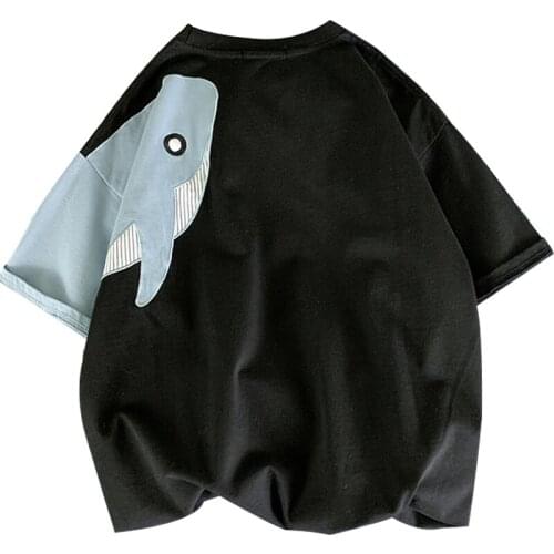 ZuoLunOuBa Cotton Loose Summer Casual Women T Shirt Short Sleeve Embroidery Lovely Blue Whale Tees Irregular Couples Tops Female