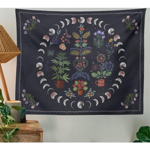 Moon Phase Tapestry Black Wall Tapestries Floral Boho Wall Hanging Divination Witchcraft Tapestry Mandala Room Decor Aesthetic