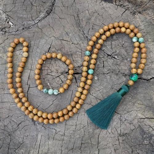 8mm Wood Grain Sandstone,Qinghai Jade Japa Mala Set,Meditation Mala,Namaste Yoga Jewelry,Buddhist Mala Prayer Bead,108 Mala bead