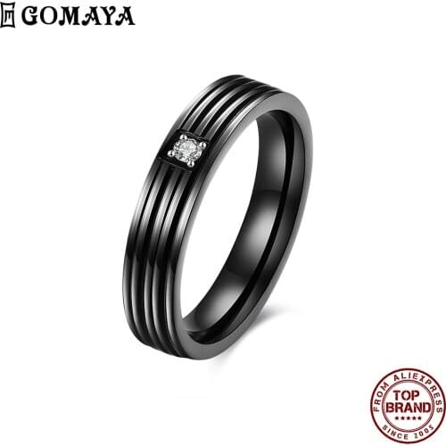 GOMAYA 316L Stainless Steel Black Stripe Design Unisex Rings Minimalist Inlaid White Zircon Ring Fashion Jewelry Simple Style