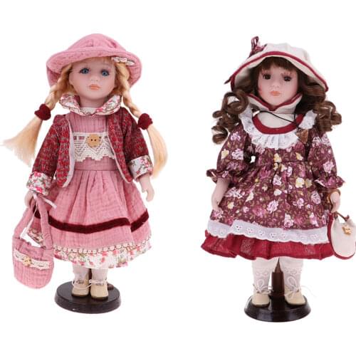 2Pcs 30cm Victorian Porcelain Doll with Dress Set & Wooden Stand Home Display Decoration