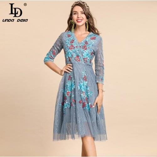 LD LINDA DELLA New 2021 Summer Fashion Designer A-Line Dress Women V-neck 3/4 sleeve Embroidered Mesh Midi Vintage Party Dress