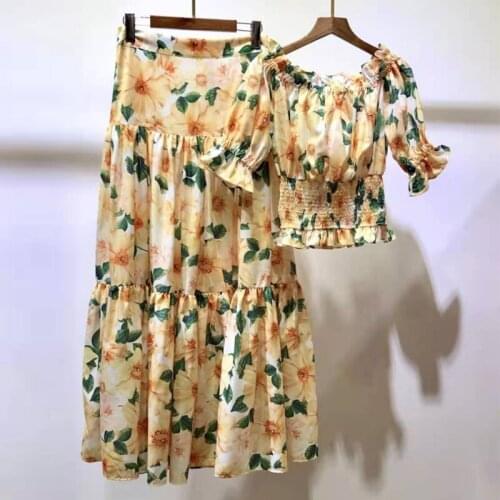 2 Runway Pieces Fashion 2021 Summer Slash New Elastic Short Top+Long Yellow Skirts Party Ruffles Beach Sets