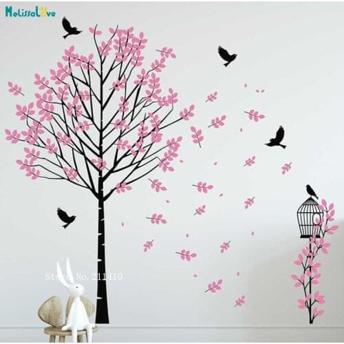 Cherry Blossom Tree Wall Sticker Decals Willow Decoration Art with Birds Flying Murals for Nursery Baby Room Bedroom YT1828