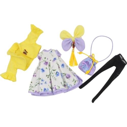 Outfits for 1/8 Middle Blyth doll yellow coat with flower dress with purple bag and stocking with hairpin cute dressing