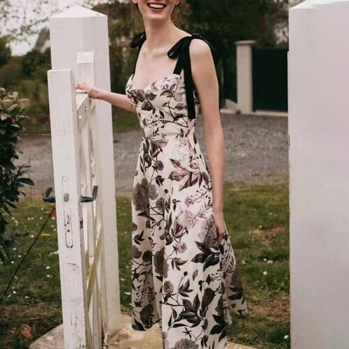 2021 summer new style dress with straps, sling printing, printing and dyeing, waist and large hem, mid-length dress