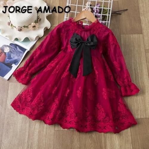 2021 Spring New Girl Lace Dress Long Sleeve Children Princess Dress with Bow Kid Clothes E2241