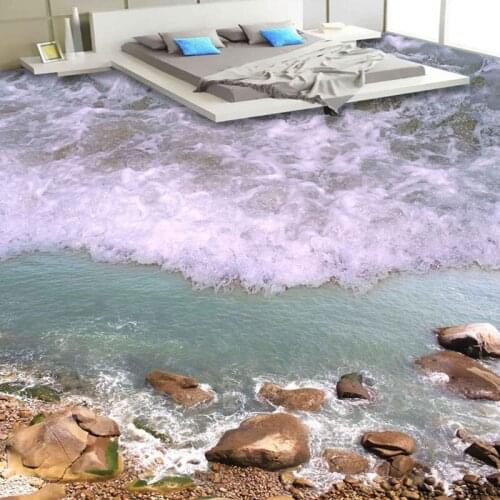 Custom 3D Floor Wallpaper Sea Beach Ocean Waves Stone Bedroom Bathroom Floor Mural Painting Self-adhesive Wallpaper Sticker 3D