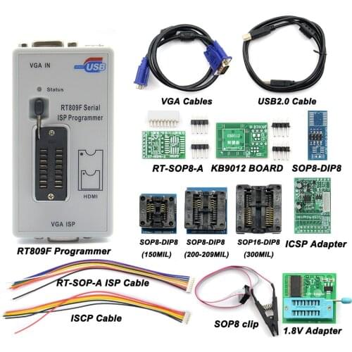 RT809F Serial ISP Programmer with 11 Adapters Supports Computer Motherboards, Laptop, LCD, Routers Read and Write