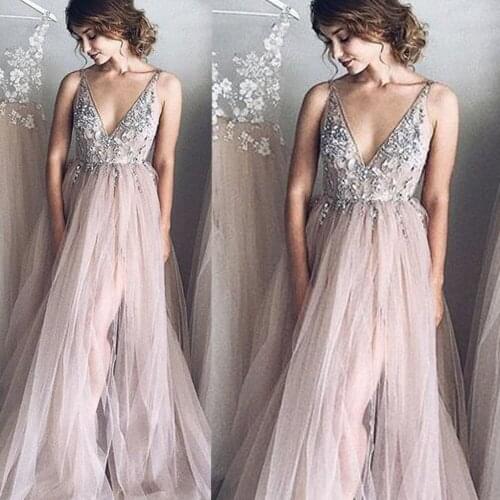 Blush prom dresses 2020 v neck lace appliques flowers a line floor length tulle evening dresses gowns