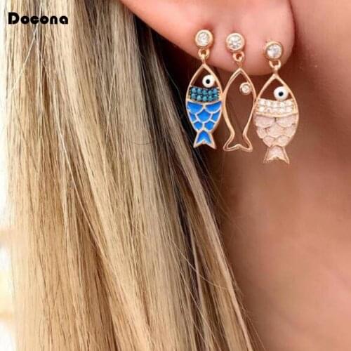 Docona 3pcs/sets Gold Color Stud Earrings New Fashion Hot Selling Cute Hollow Fish Shape Jewelry For Women Ladies Gift C09207