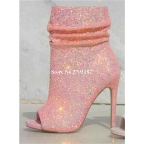 Bling Bling Women Fashion Peep Toe Stiletto Heel Ankle Boots Pink Black Sequined Zipper-up High Heel Ankle Booties Dress Heels
