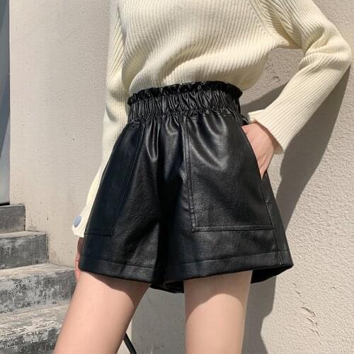 GUUZYUVIZ Pu Leather Wide-leg Shorts For Women Elastic Waist Pocket Boot Shorts Ladies Casual Loose Plus Size Short Pants Mujer