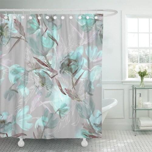 Teal Floral Flowers Watercolor Brown Abstract Color Shower Curtains Waterproof Polyester Fabric 72 x 72 inches with Hooks