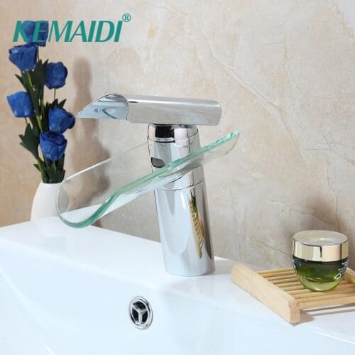 KEMAIDI Modern Glass Waterfall Chrome Brass Deck Mount Bathroom Basin Sink Mixer Tap Solid Brass Bathroom Faucet