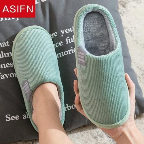 ASIFN Flax Cotton Home Womens Slippers Men Winter Non-Slip Soft Thick Bottom House Indoor Couples Ladies Shoes Fur Slides