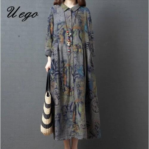 Uego 2021 New Arrival Long Sleeve Spring Dress Linen Cotton Print Floral Vintage Blouse Dress Women Autumn Casual Midi Dress