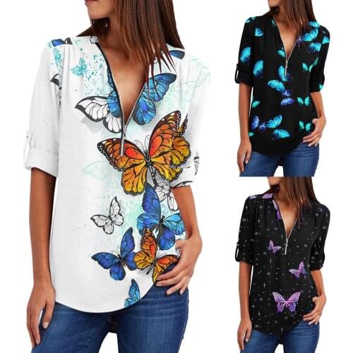 Women Long Sleeve Loose Deep V-neck Zipper T-Shirt Beauty Butterfly Splicing Printing Blouse Top All-match Lovely Girls T-shirt