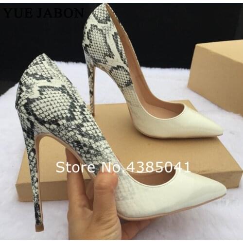 YUE JABON 2019 Leather Women Shoes White Black Mixed Snake Print Sexy Stilettos High Heels 12cm/10cm/8cm Pointed Toe Women Pumps