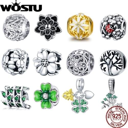 WOSTU Flower Series 925 Sterling Silver Tree Leaf Beads Enamel Pendant Dangle Charms Fit Original Bracelets For Women Jewelry