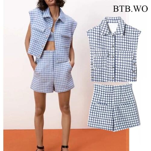 BTB.WO Two Piece Set Za Women 2021 Casual Texture Sleeveless Vest Blazer Jacket+Mini Shorts Women 2 Pieces Suit Set