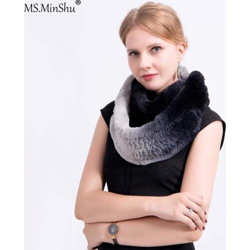 Ms.MinShu Real Rex Rabbit Fur Scarf Hand Knit Thickness quality Gradient Color Scarf Woman Real Fur Scarf Infinite Ring Scarf