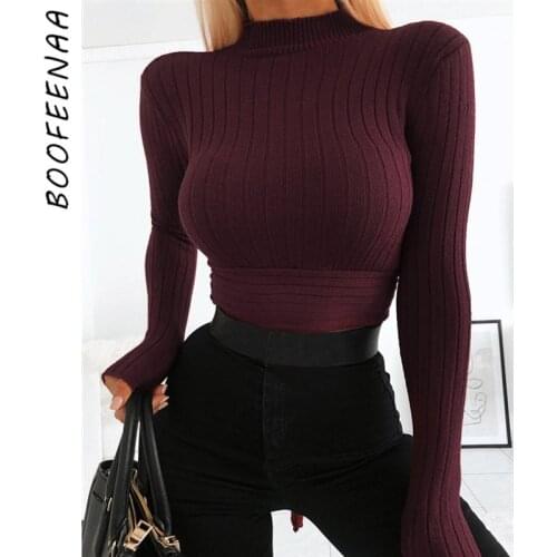 BOOFEENAA Sexy Knitted Sweater Pullover Women Winter Bow Tie Back Turtleneck Long Sleeve Tops Holiday Ladies Knitwear C34-AA39