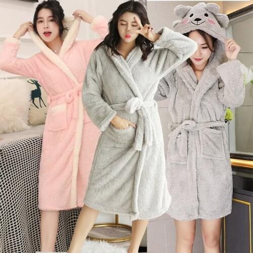 2021 Winter Long Sleeve Thick Warm Flannel Hooded Kimono Robe For Women Cute Cartoon Coral Velvet Sleepwear Bathrobe Night Dress