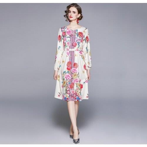 2021 spring Autumn fashion temperament female long sleeve O neck printed casual dress