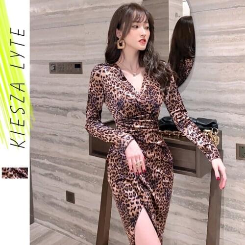 Women Sexy Bodycon Dress Leopard Print V-Neck Long Sleeve Club Cocktail Party Dresses Female Beach Vestidos