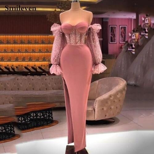 Smileven Dirty pink Puff Long Sleeve Formal Evening Dress Side Split Prom Party Dress Sweetheart Neck Saudi Arabia Party Gown