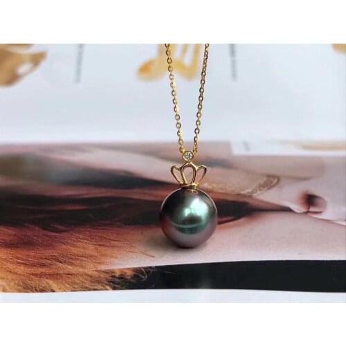 D319 Fine Jewelry 18K Gold Natural Ocean Tahiti Black Pearl 11-12mm Pendant Necklaces for Women FIne Pearls Pendants