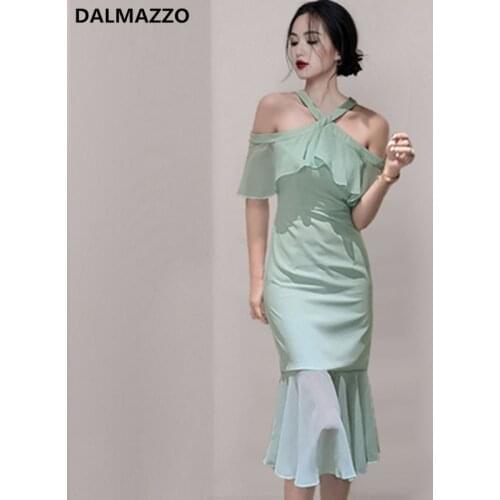 DALMAZZO New Fashion Women V Neck Halter Chiffon Patchwork Long Dresses 2021 Summer Designer Large Size Slim Party Vestidos XL